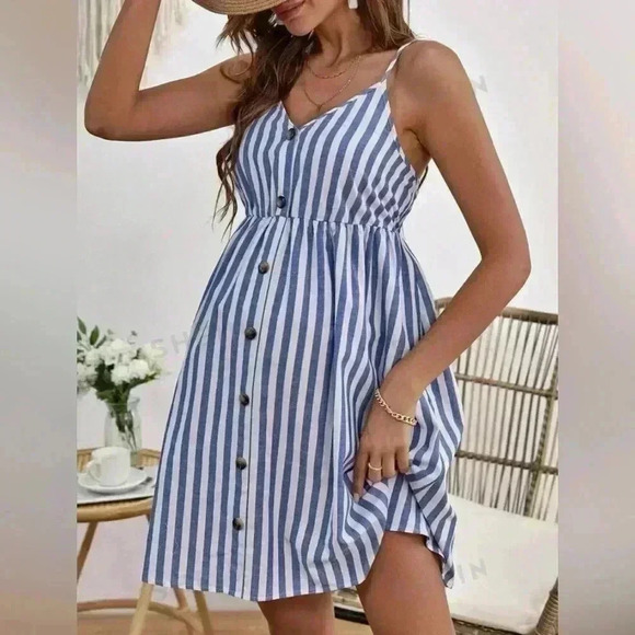 Maternity Dress Striped Print Button Front Cami Dress Spaghetti Strap BRAND NEW - Picture 1 of 6